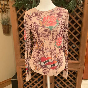 Y2K Tattoo Print Gothic Grunge Mesh Long Sleeve Top Skull Rose Cherub